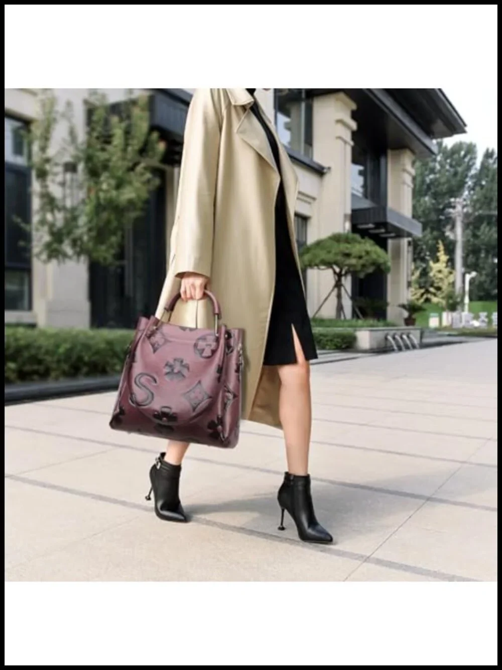 Embossed Vegan Leather Top Handle Satchel Bag Set with Detachable Pouch - Large